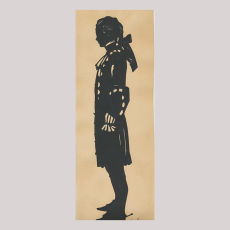 
        Front of silhouette, with man looking left, wearing a custom.